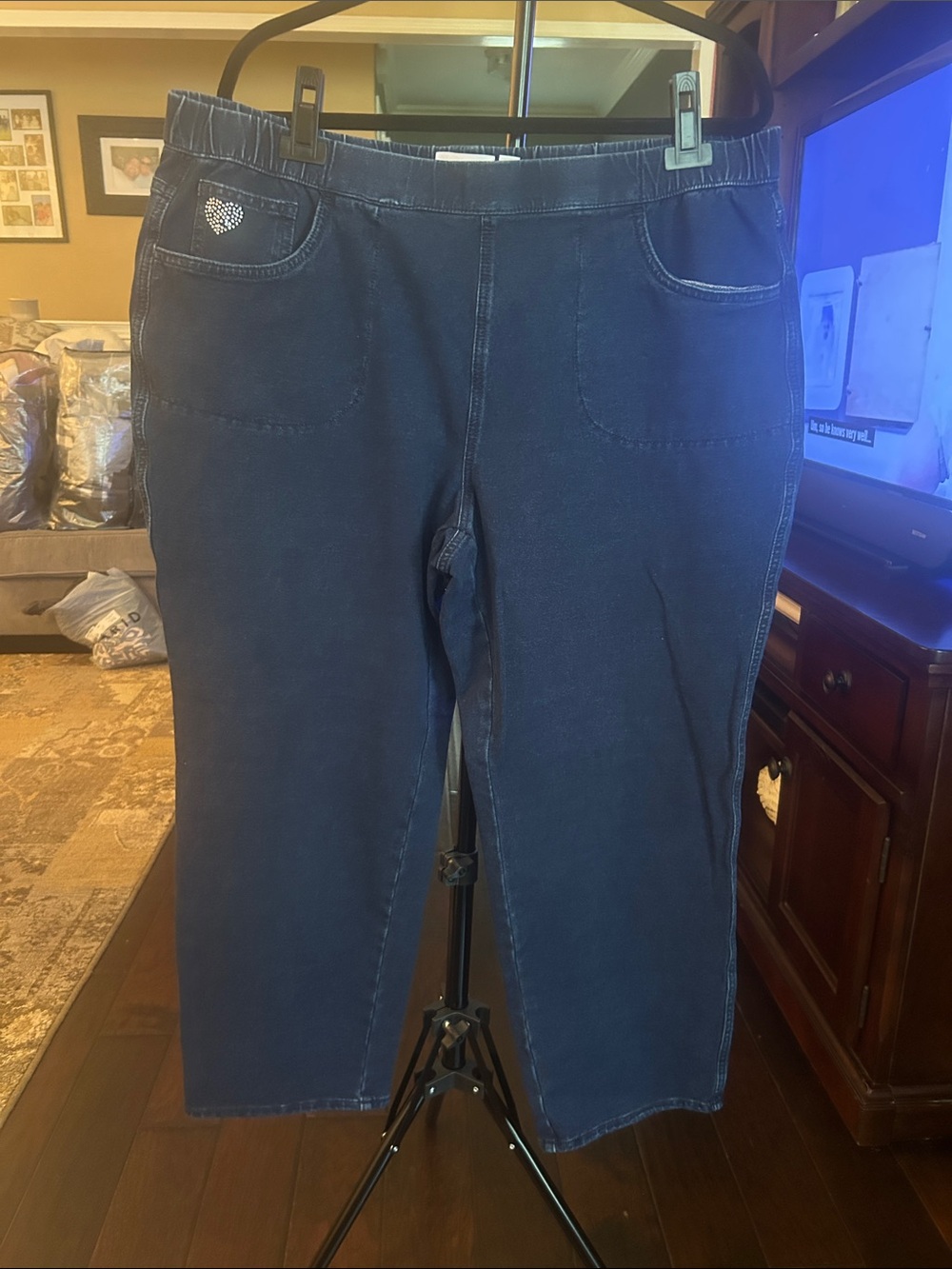 Straight Leg Pull-On Jeans in Navy with Heart Accent